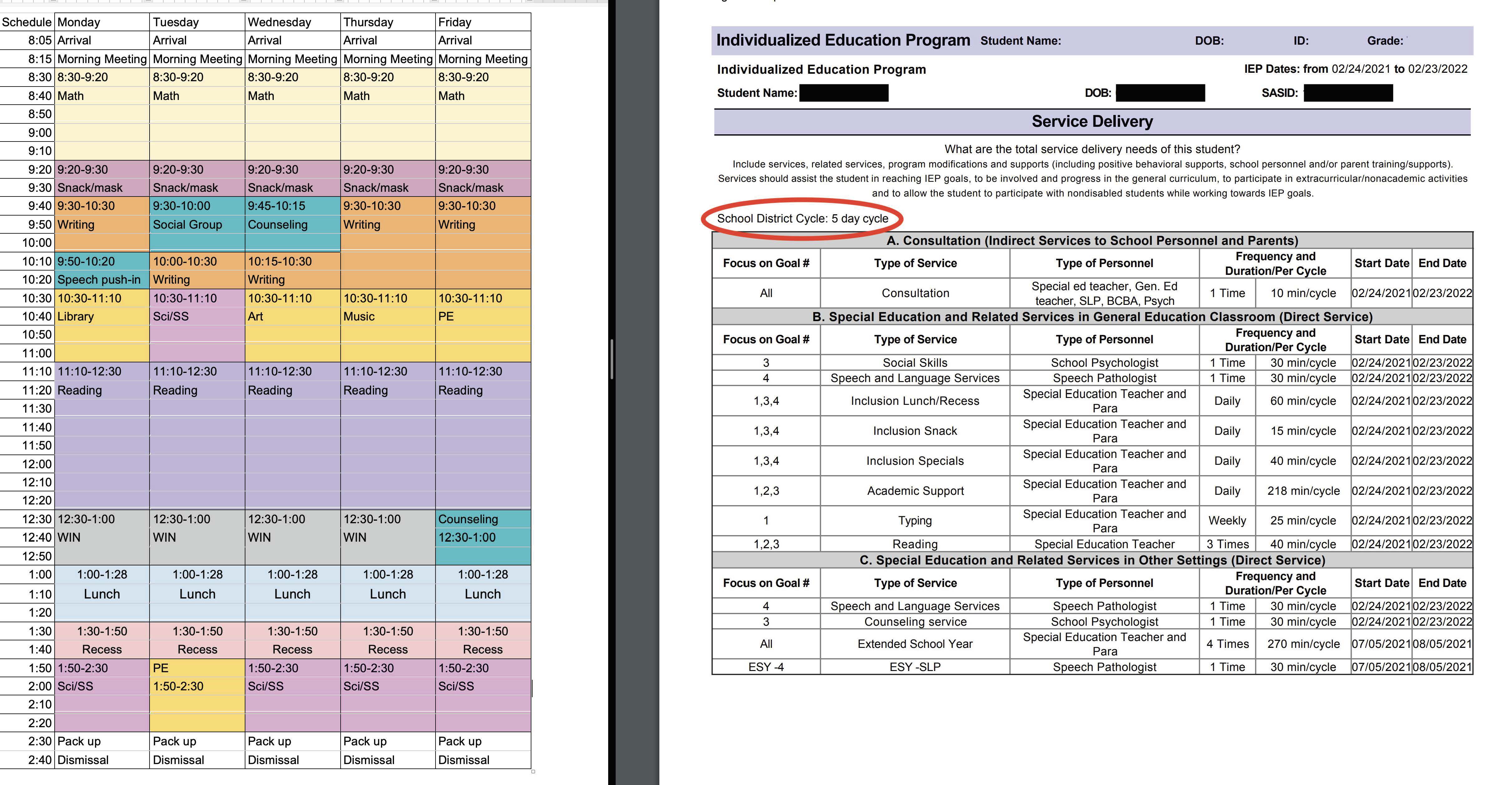 Image of sample special education schedule next to image of IEP service delivery grid.