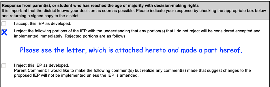 Excerpt from the signature page of an IEP depicting three options - Accept in full, Reject in part, Reject in full - with the partial rejection box checked, and the following language inserted: "Please see the letter, which is attached hereto and made a part hereof."